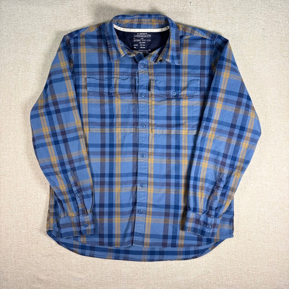 REI Co-op Mens Blue Plaid Flannel Button Down Shirt Large Cotton Long Sleeve
